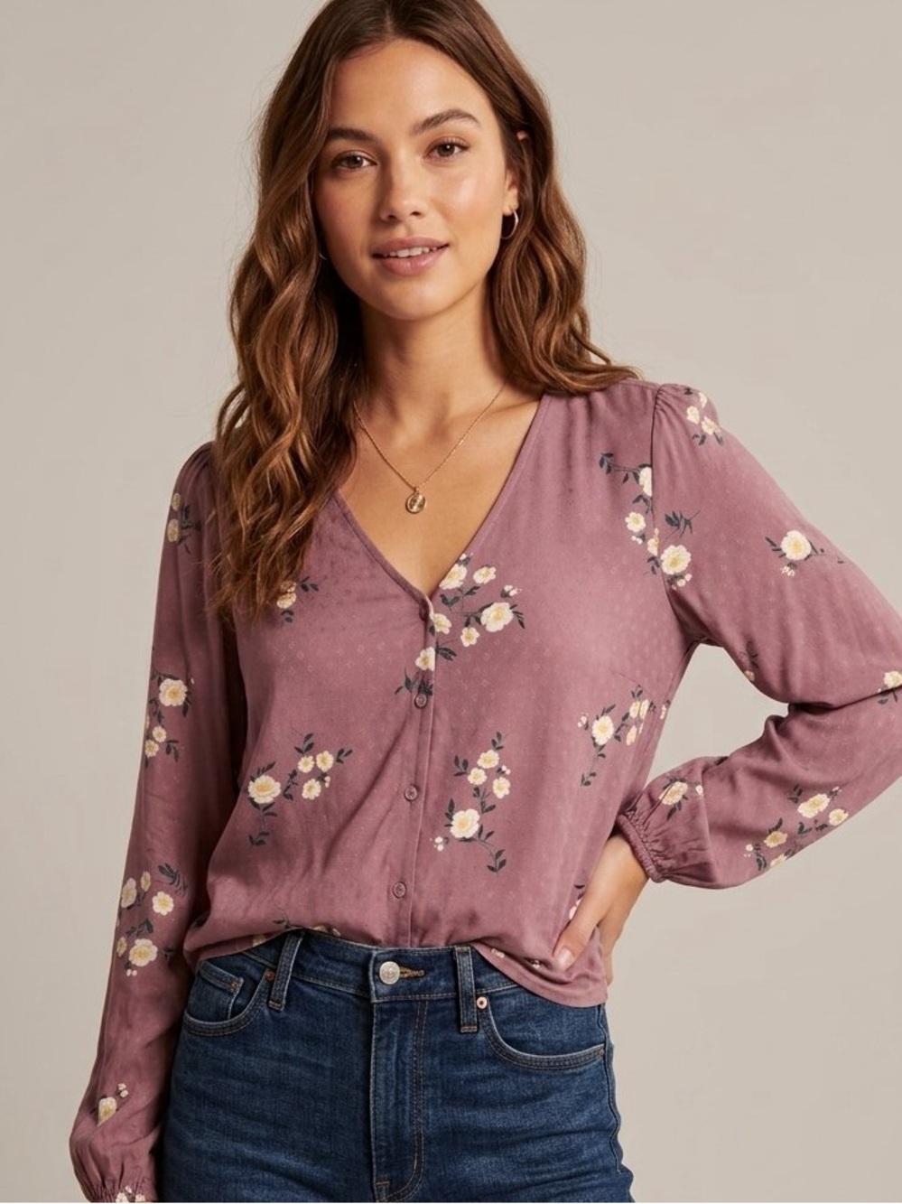 ABERCROMBIE & FITCH Floral Button-Down Blouse S 19” p2p Dusty Plum EUC